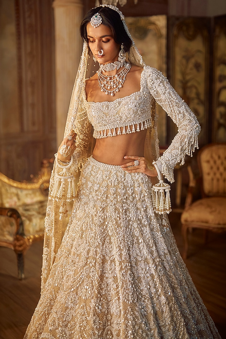 Nude Net Crystal Embroidered Bridal Lehenga Set by Seema Gujral at Pernia's Pop Up Shop