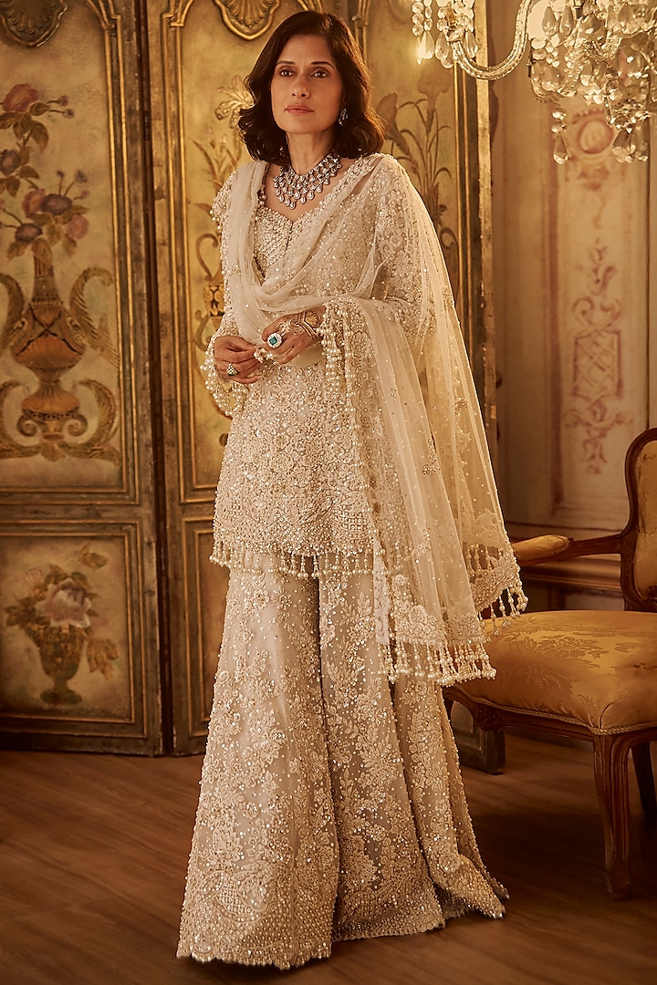 Ivory Net Sequins Embroidered Bridal Sharara Set by Seema Gujral at Pernia's Pop Up Shop
