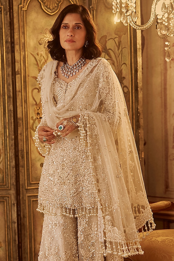 Ivory Net Sequins Embroidered Bridal Sharara Set by Seema Gujral at Pernia's Pop Up Shop
