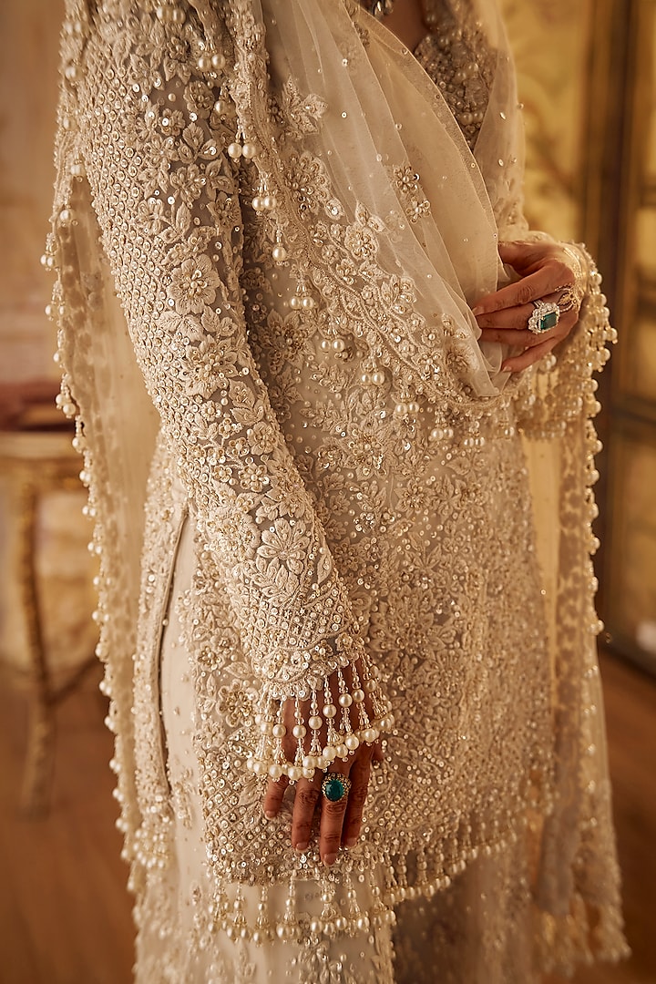 Ivory Net Sequins Embroidered Bridal Sharara Set by Seema Gujral at Pernia's Pop Up Shop