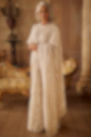 Ivory Organza Sequins Embroidered Bridal Saree Set by Seema Gujral at Pernia's Pop Up Shop