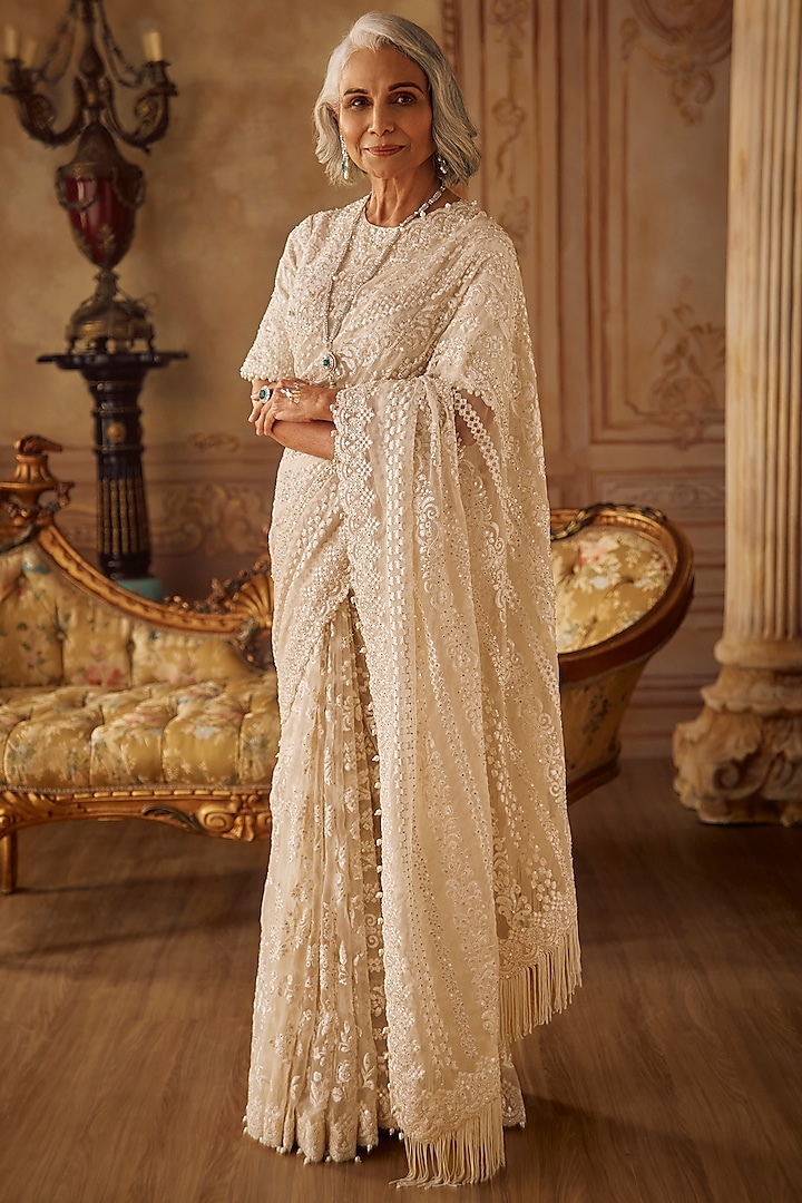 Ivory Organza Sequins Embroidered Bridal Saree Set by Seema Gujral at Pernia's Pop Up Shop