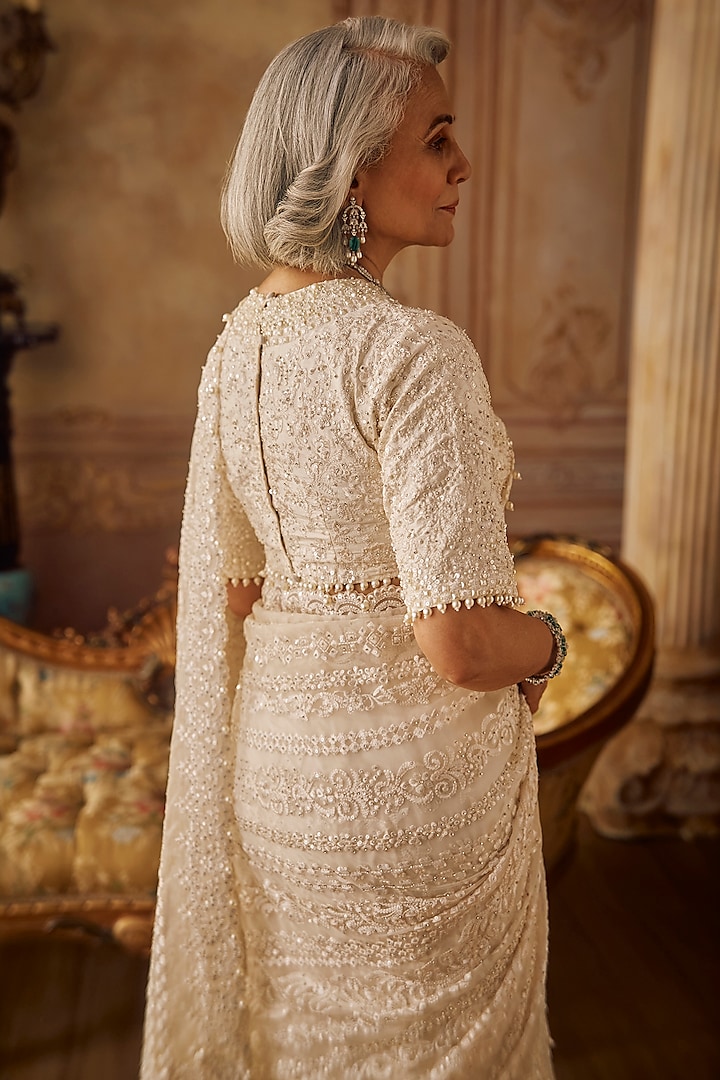 Ivory Organza Sequins Embroidered Bridal Saree Set by Seema Gujral at Pernia's Pop Up Shop