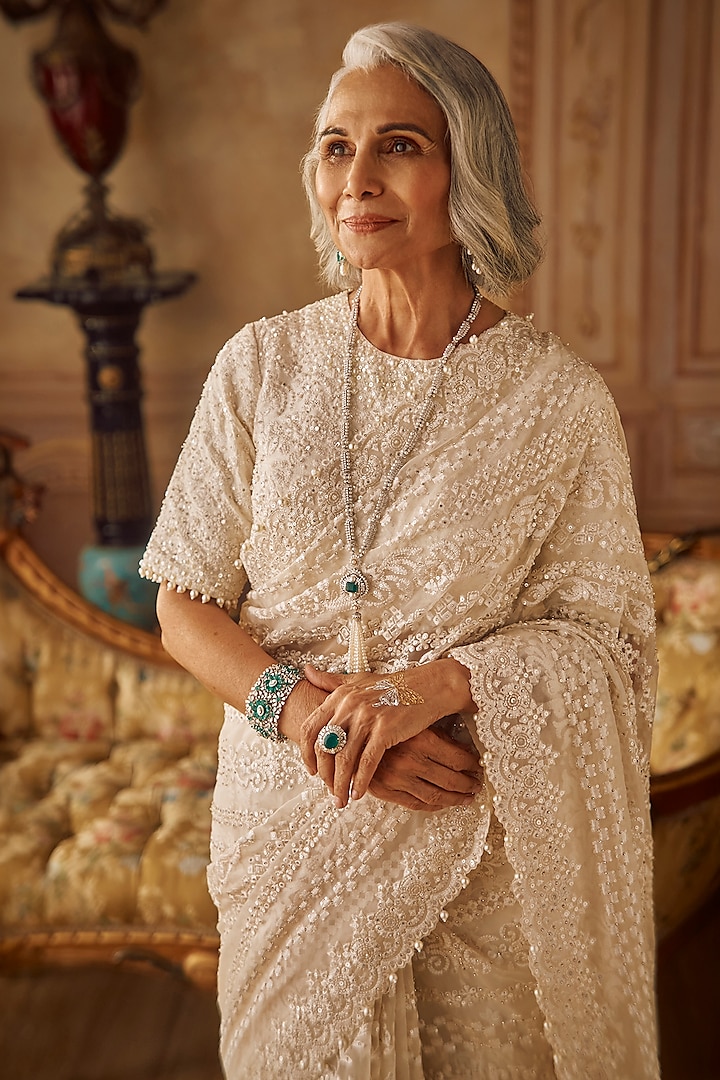 Ivory Organza Sequins Embroidered Bridal Saree Set by Seema Gujral at Pernia's Pop Up Shop