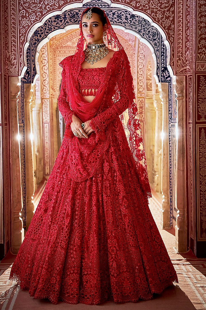 Red Net Thread & Sequins Embroidered Bridal Lehenga Set by Seema Gujral at Pernia's Pop Up Shop