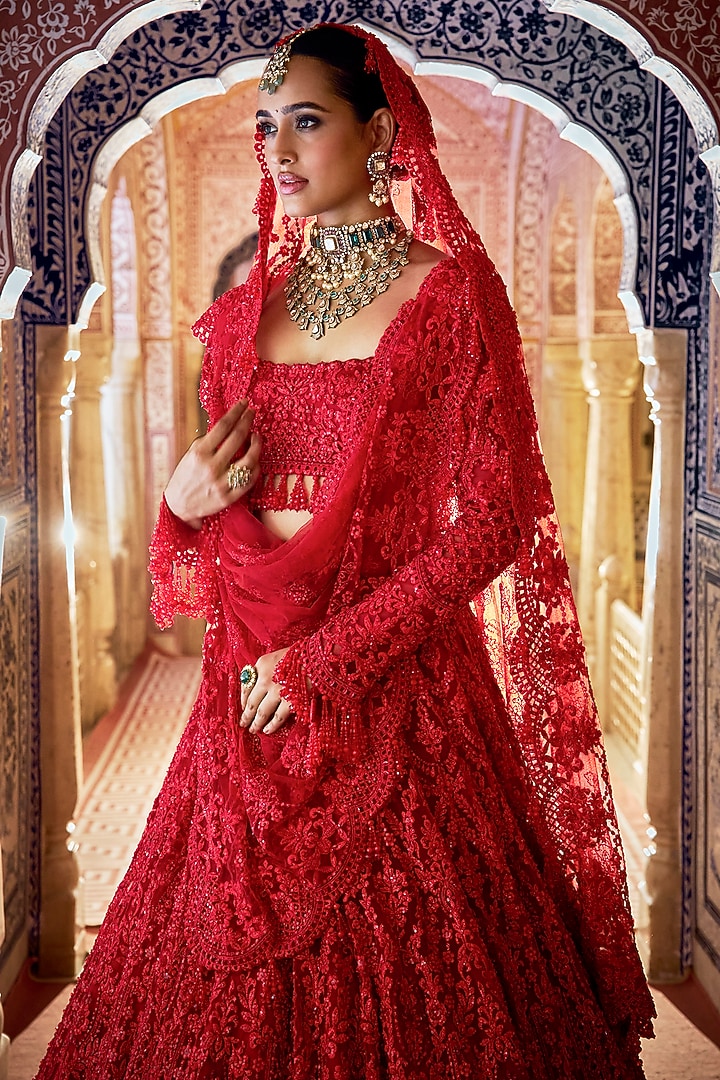 Red Net Thread & Sequins Embroidered Bridal Lehenga Set by Seema Gujral at Pernia's Pop Up Shop
