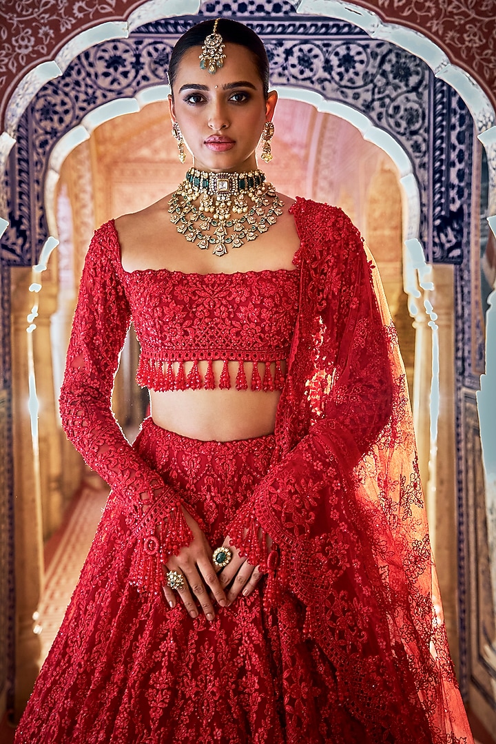 Red Net Thread & Sequins Embroidered Bridal Lehenga Set by Seema Gujral at Pernia's Pop Up Shop
