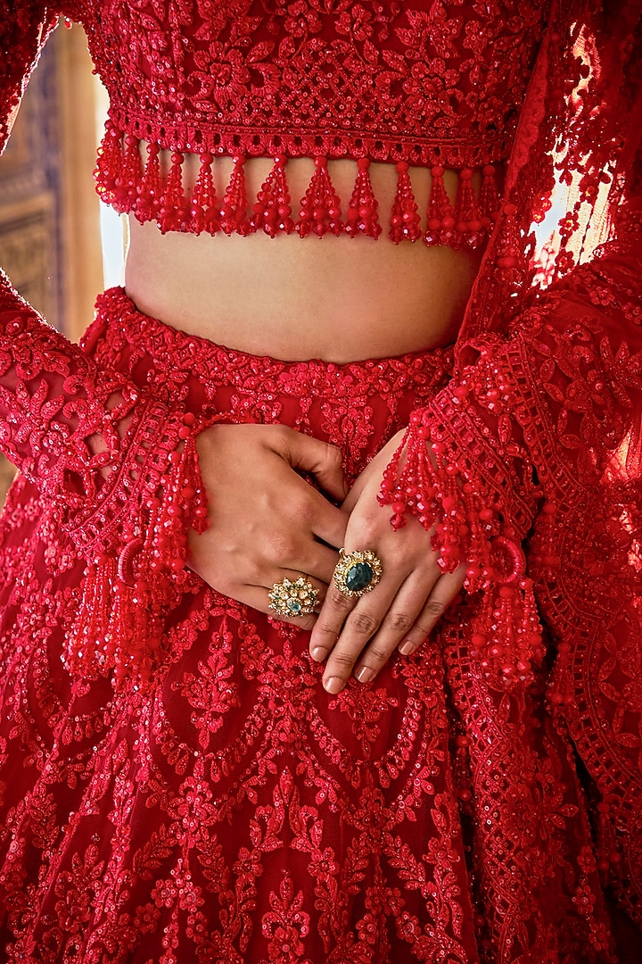 Red Net Thread & Sequins Embroidered Bridal Lehenga Set by Seema Gujral at Pernia's Pop Up Shop