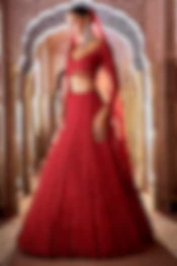 Red Net Thread & Cutwork Embroidered Bridal Lehenga Set by Seema Gujral at Pernia's Pop Up Shop