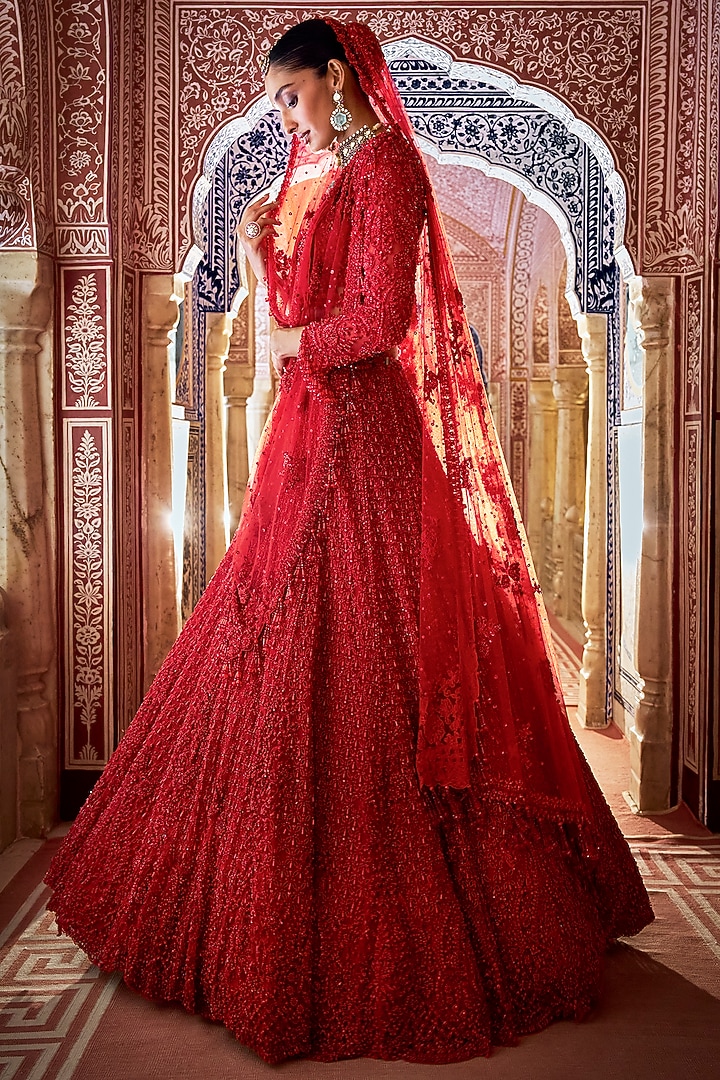 Red Net Thread & Cutwork Embroidered Bridal Lehenga Set by Seema Gujral at Pernia's Pop Up Shop