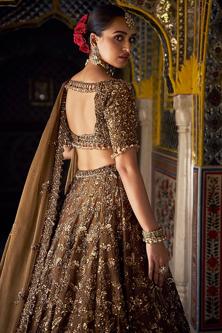 Antique Gold Tissue Silk Embroidered Bridal Lehenga Set by Seema Gujral at Pernia's Pop Up Shop