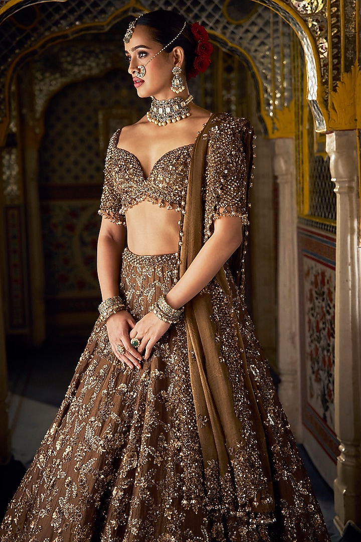 Antique Gold Tissue Silk Embroidered Bridal Lehenga Set by Seema Gujral at Pernia's Pop Up Shop