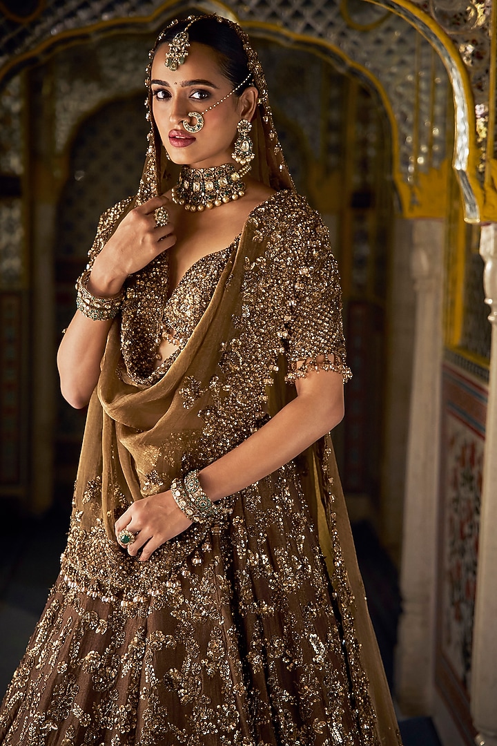 Antique Gold Tissue Silk Embroidered Bridal Lehenga Set by Seema Gujral at Pernia's Pop Up Shop