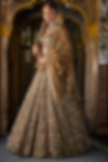 Antique Gold Organza Sequins Embroidered Bridal Lehenga Set by Seema Gujral at Pernia's Pop Up Shop