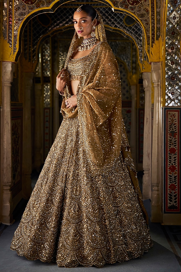 Antique Gold Organza Sequins Embroidered Bridal Lehenga Set by Seema Gujral at Pernia's Pop Up Shop