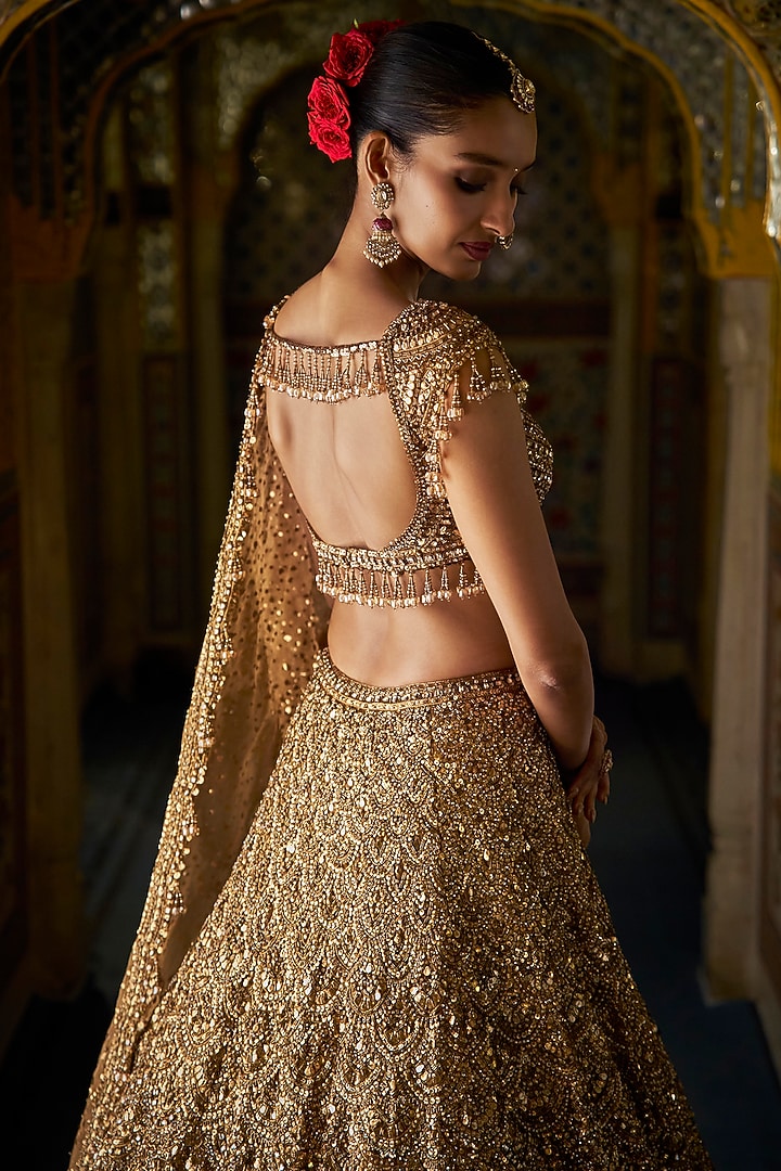 Antique Gold Organza Sequins Embroidered Bridal Lehenga Set by Seema Gujral at Pernia's Pop Up Shop