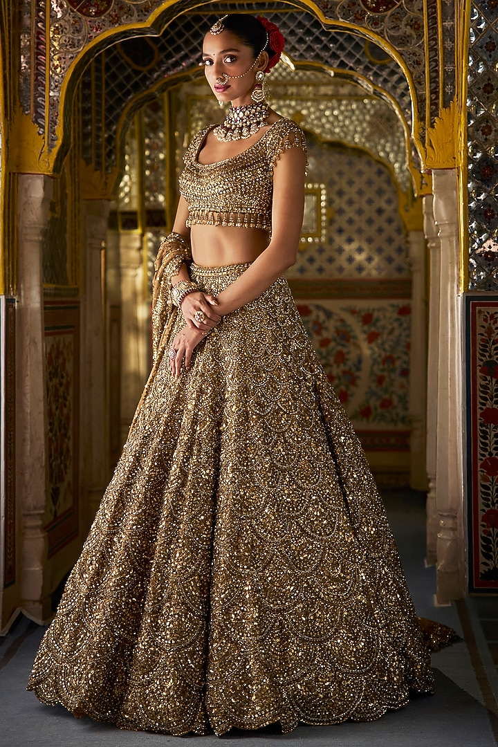 Antique Gold Organza Sequins Embroidered Bridal Lehenga Set by Seema Gujral at Pernia's Pop Up Shop