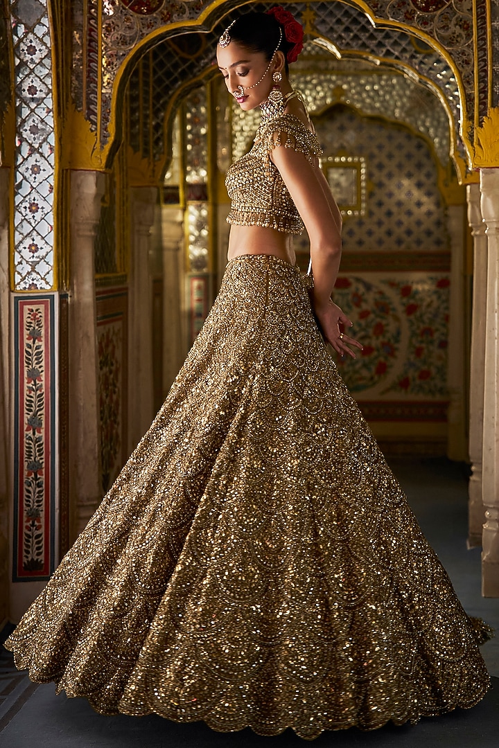 Antique Gold Organza Sequins Embroidered Bridal Lehenga Set by Seema Gujral at Pernia's Pop Up Shop