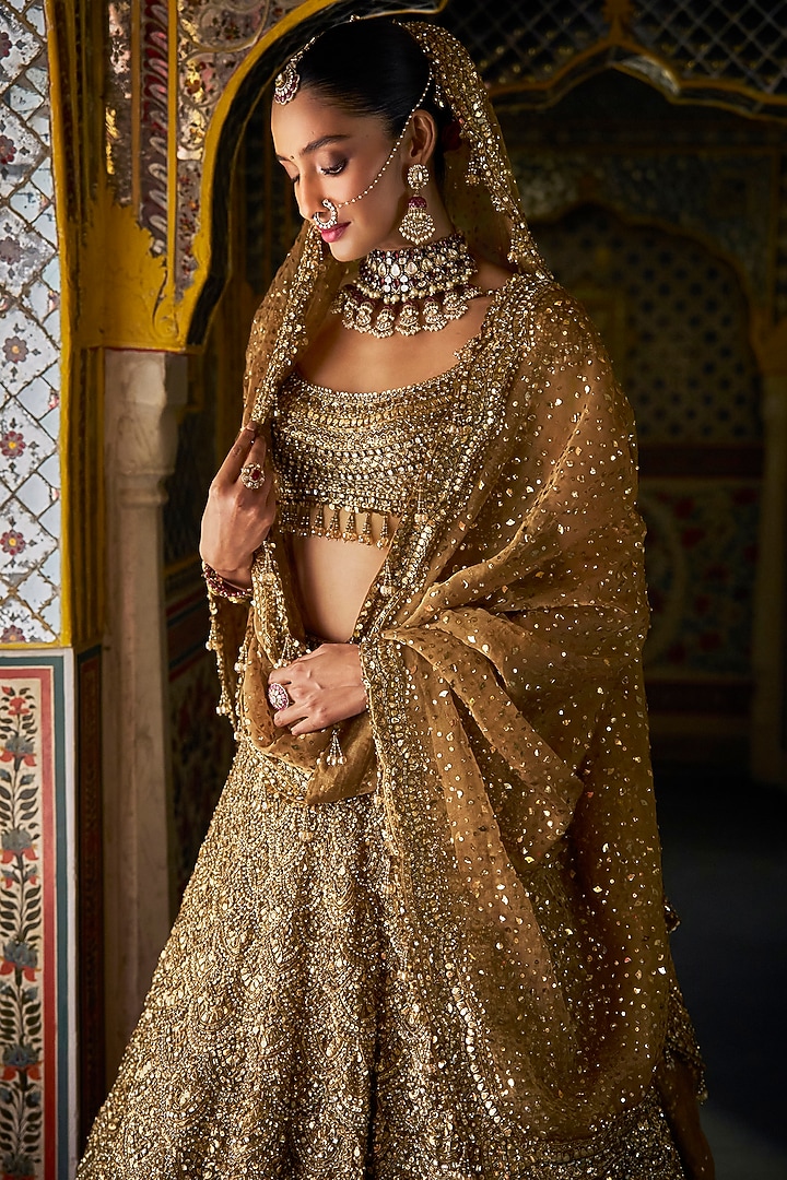 Antique Gold Organza Sequins Embroidered Bridal Lehenga Set by Seema Gujral at Pernia's Pop Up Shop