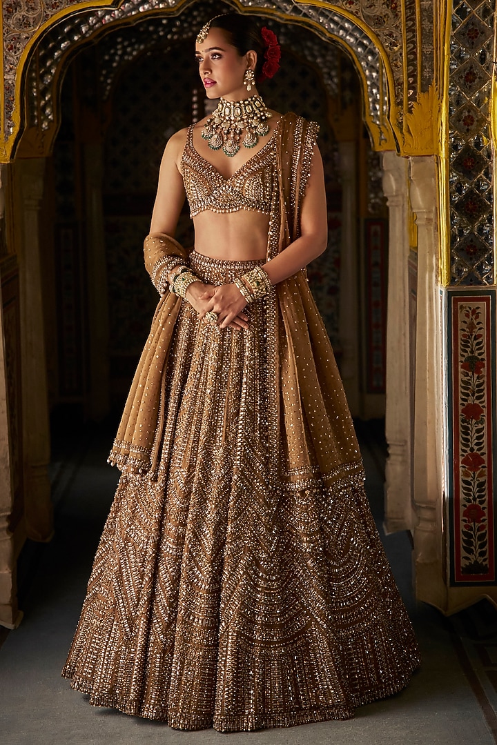 Copper Gold Tissue Silk Crystal Embroidered Bridal Lehenga Set by Seema Gujral at Pernia's Pop Up Shop