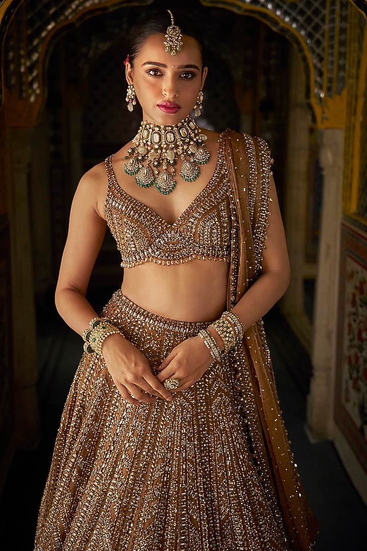 Copper Gold Tissue Silk Crystal Embroidered Bridal Lehenga Set by Seema Gujral at Pernia's Pop Up Shop