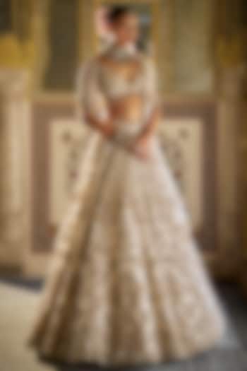 Ivory Organza Bugle Beads Floral Embroidered Bridal Lehenga Set by Seema Gujral at Pernia's Pop Up Shop