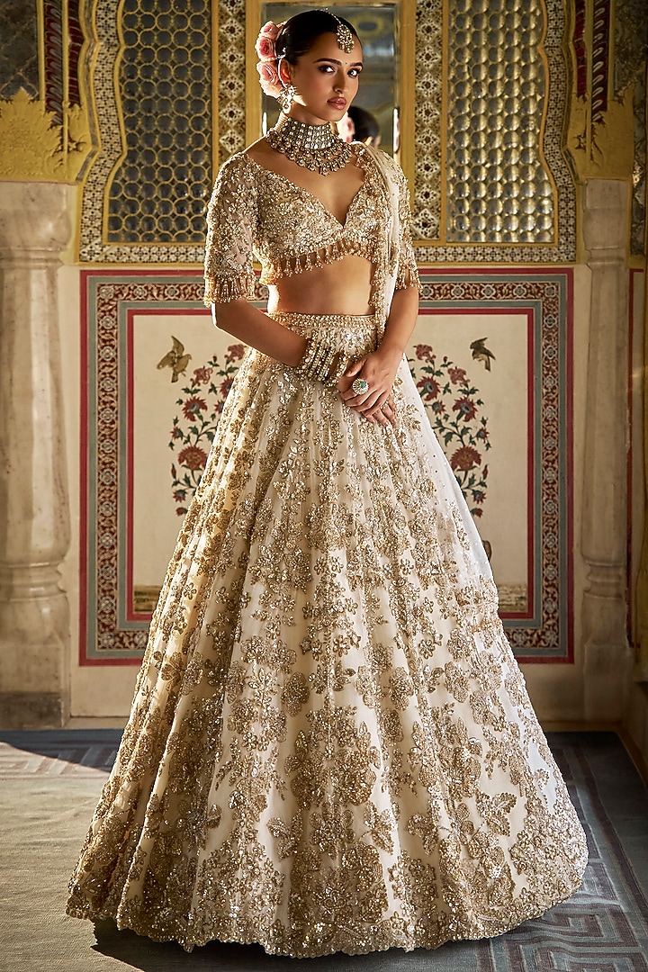 Ivory Organza Bugle Beads Floral Embroidered Bridal Lehenga Set by Seema Gujral at Pernia's Pop Up Shop