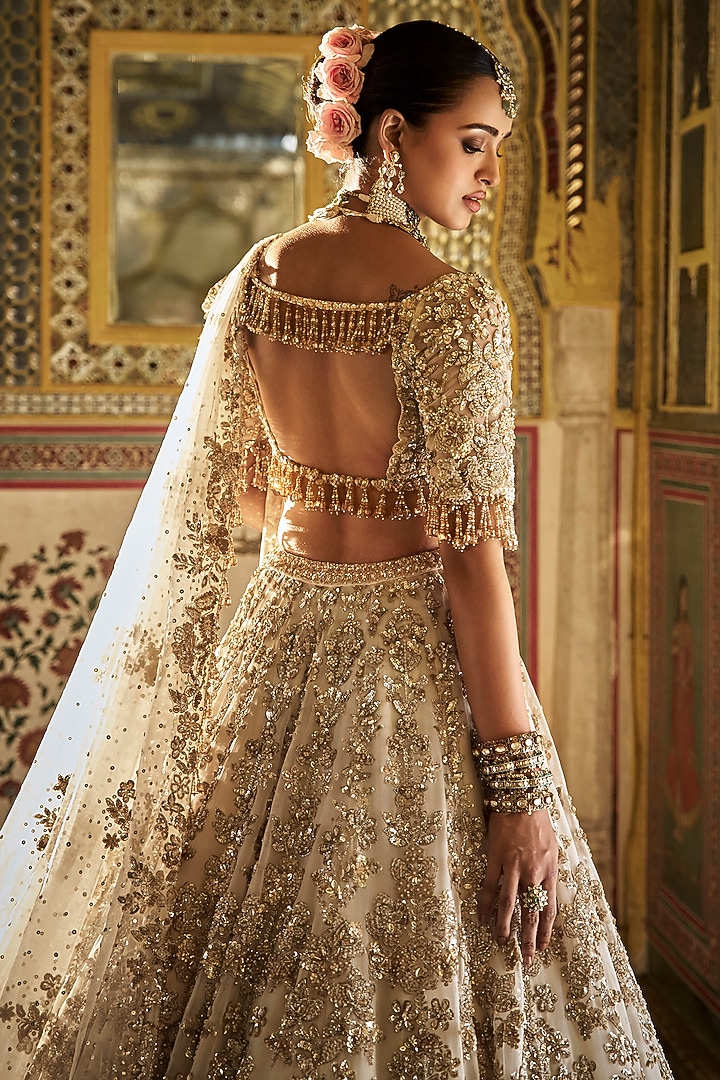 Ivory Organza Bugle Beads Floral Embroidered Bridal Lehenga Set by Seema Gujral at Pernia's Pop Up Shop
