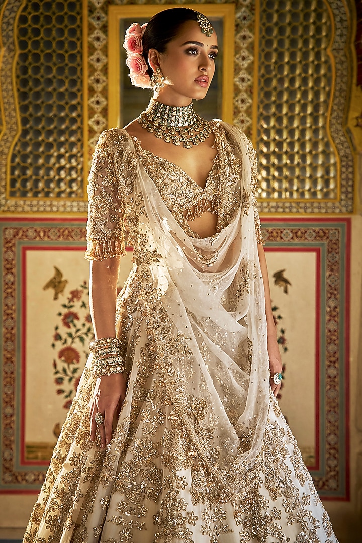 Ivory Organza Bugle Beads Floral Embroidered Bridal Lehenga Set by Seema Gujral at Pernia's Pop Up Shop