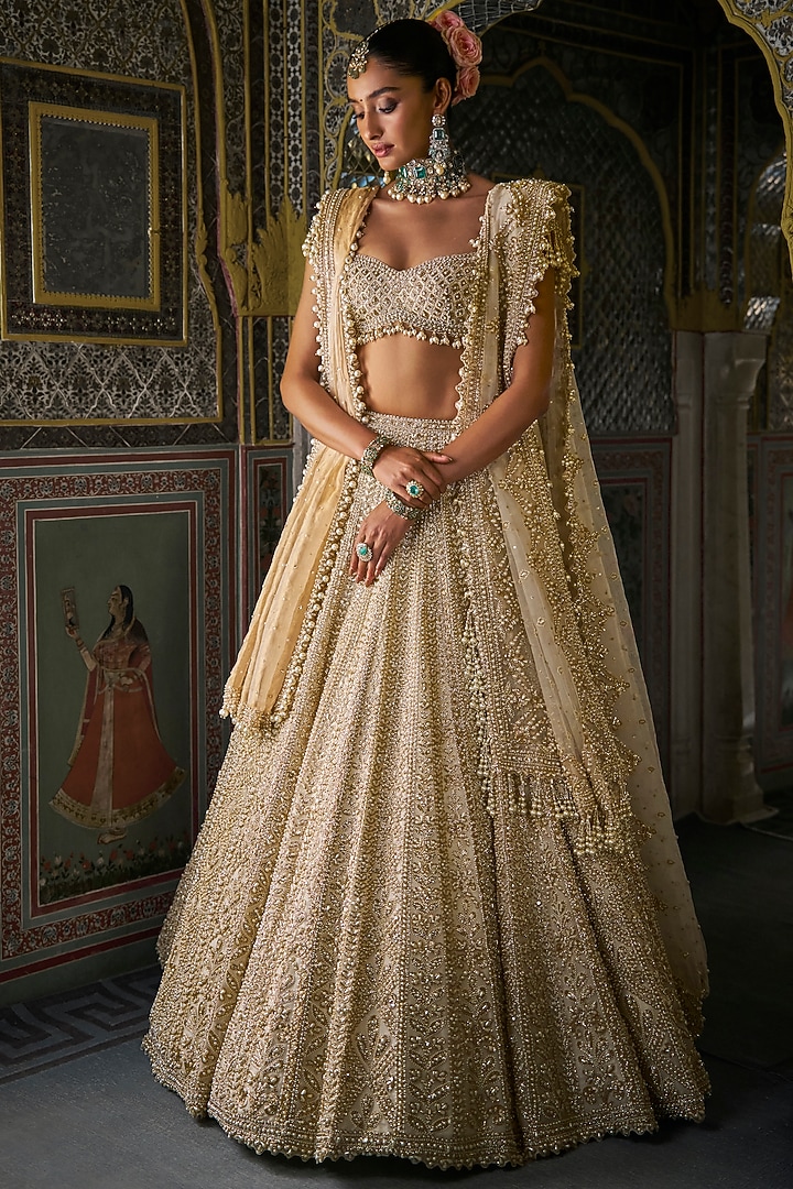 Ivory Organza Zardosi & Pearl Embroidered Bridal Lehenga Set by Seema Gujral at Pernia's Pop Up Shop