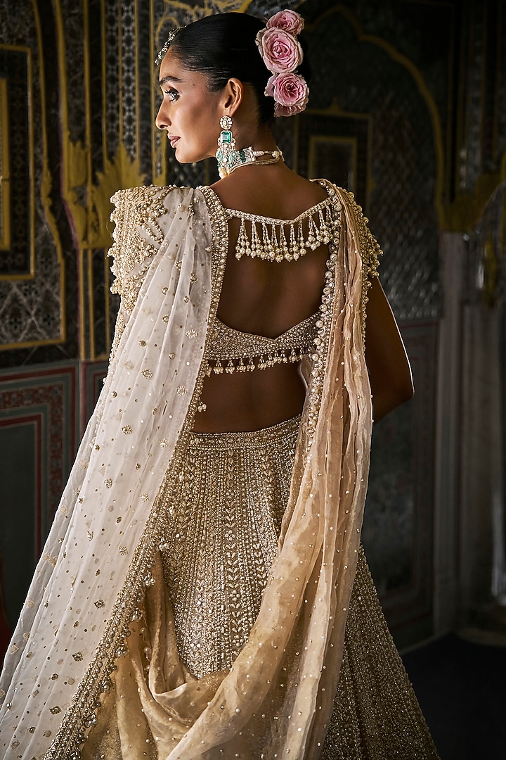 Ivory Organza Zardosi & Pearl Embroidered Bridal Lehenga Set by Seema Gujral at Pernia's Pop Up Shop