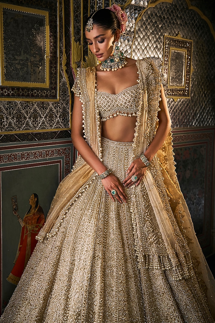 Ivory Organza Zardosi & Pearl Embroidered Bridal Lehenga Set by Seema Gujral at Pernia's Pop Up Shop