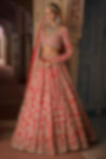 Red Raw Silk Crystal & Sequins Embroidered Bridal Lehenga Set by Seema Gujral at Pernia's Pop Up Shop