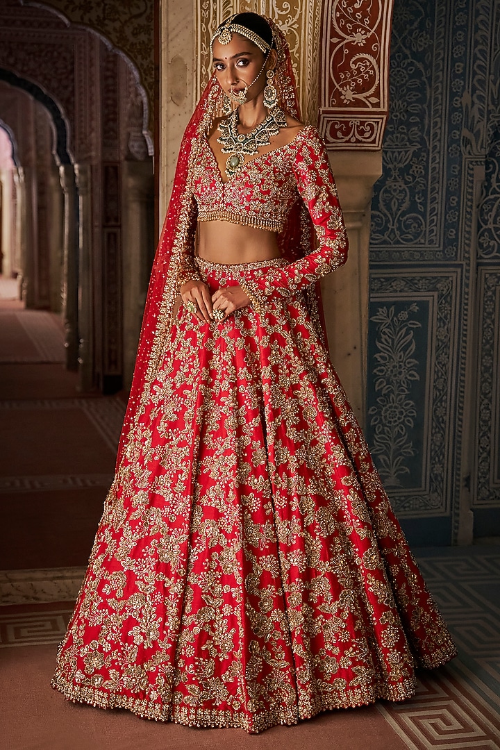 Red Raw Silk Crystal & Sequins Embroidered Bridal Lehenga Set by Seema Gujral at Pernia's Pop Up Shop