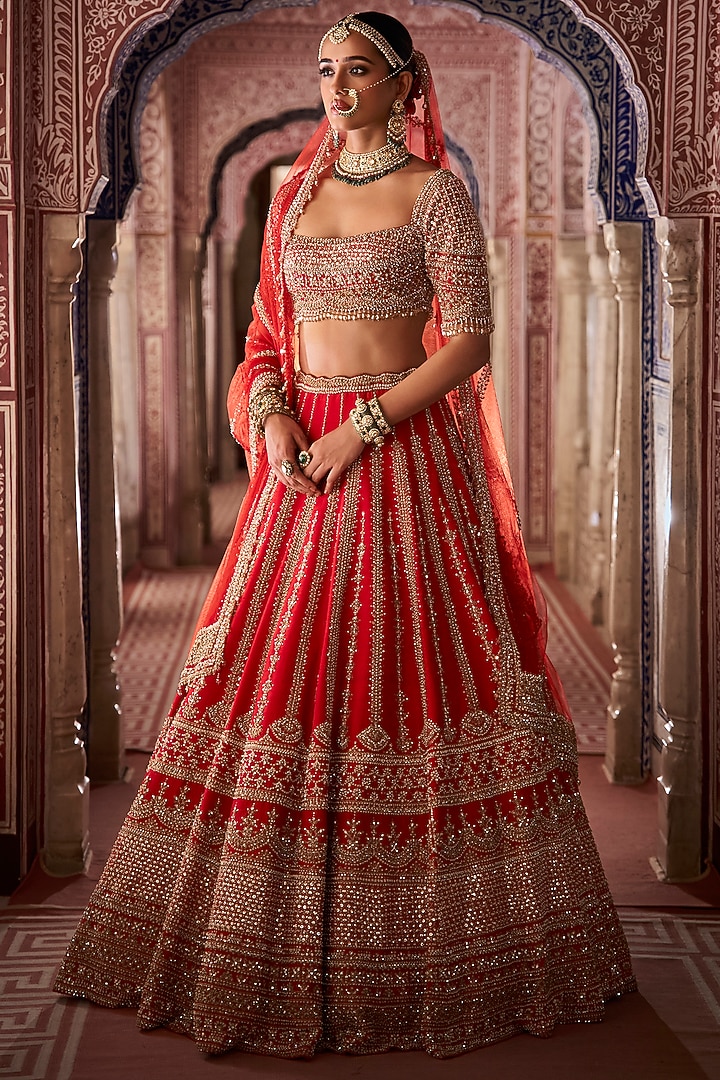 Red Raw Silk Zardosi & Pearl Embroidered Bridal Lehenga Set by Seema Gujral at Pernia's Pop Up Shop