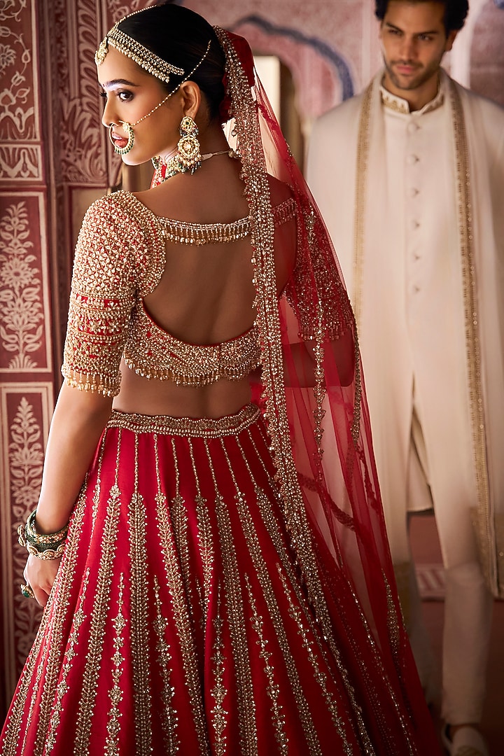 Red Raw Silk Zardosi & Pearl Embroidered Bridal Lehenga Set by Seema Gujral at Pernia's Pop Up Shop