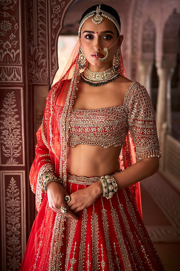 Red Raw Silk Zardosi & Pearl Embroidered Bridal Lehenga Set by Seema Gujral at Pernia's Pop Up Shop