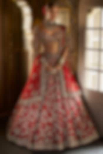 Red Raw Silk Zardosi & Pearl Embroidered Bridal Lehenga Set by Seema Gujral at Pernia's Pop Up Shop