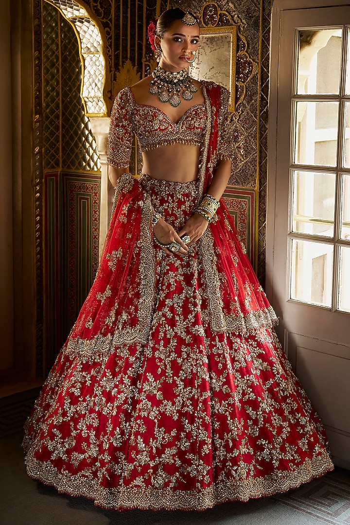 Red Raw Silk Zardosi & Pearl Embroidered Bridal Lehenga Set by Seema Gujral at Pernia's Pop Up Shop