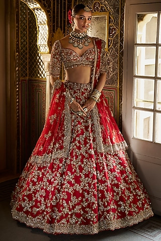 Red Raw Silk Zardosi & Pearl Embroidered Lehenga Set by Seema Gujral
