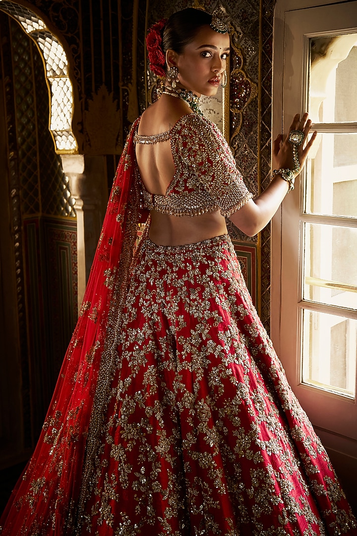 Red Raw Silk Zardosi & Pearl Embroidered Bridal Lehenga Set by Seema Gujral at Pernia's Pop Up Shop
