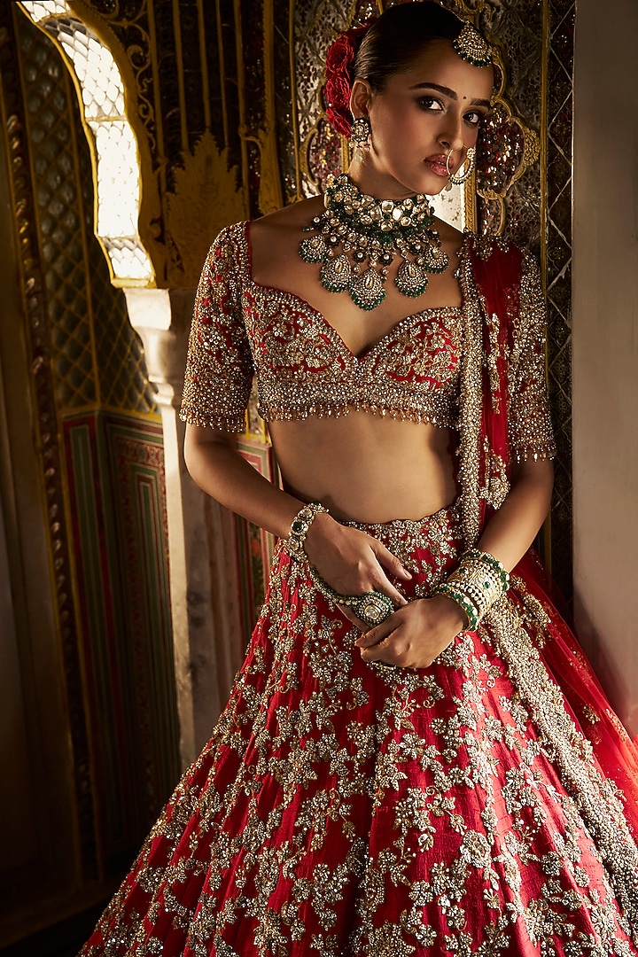 Red Raw Silk Zardosi & Pearl Embroidered Bridal Lehenga Set by Seema Gujral at Pernia's Pop Up Shop