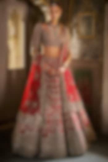 Red Raw Silk Zardosi & Crystal Embroidered Bridal Lehenga Set by Seema Gujral at Pernia's Pop Up Shop
