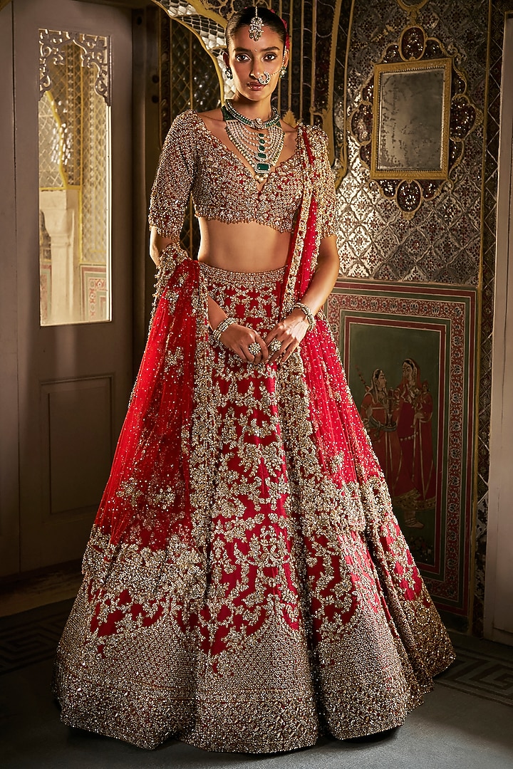 Red Raw Silk Zardosi & Crystal Embroidered Bridal Lehenga Set by Seema Gujral at Pernia's Pop Up Shop