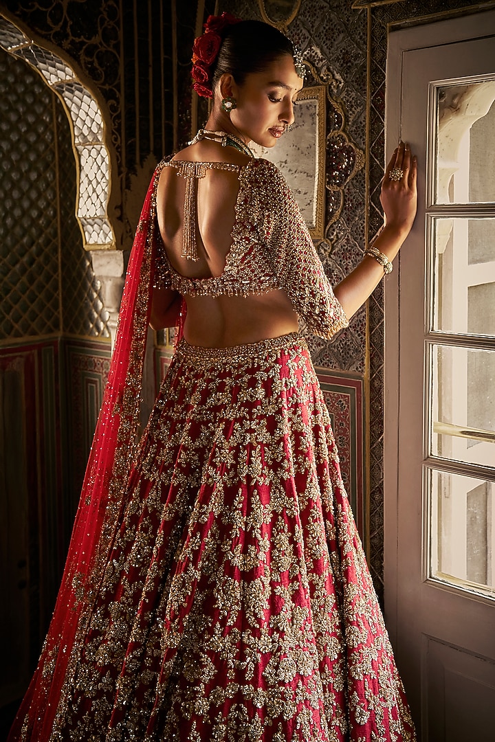 Red Raw Silk Zardosi & Crystal Embroidered Bridal Lehenga Set by Seema Gujral at Pernia's Pop Up Shop