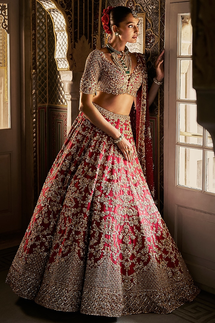 Red Raw Silk Zardosi & Crystal Embroidered Bridal Lehenga Set by Seema Gujral at Pernia's Pop Up Shop