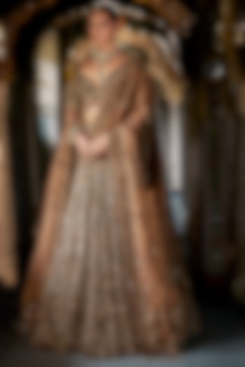 Copper Jade Green Tissue Silk Beads Embroidered Bridal Lehenga Set by Seema Gujral at Pernia's Pop Up Shop