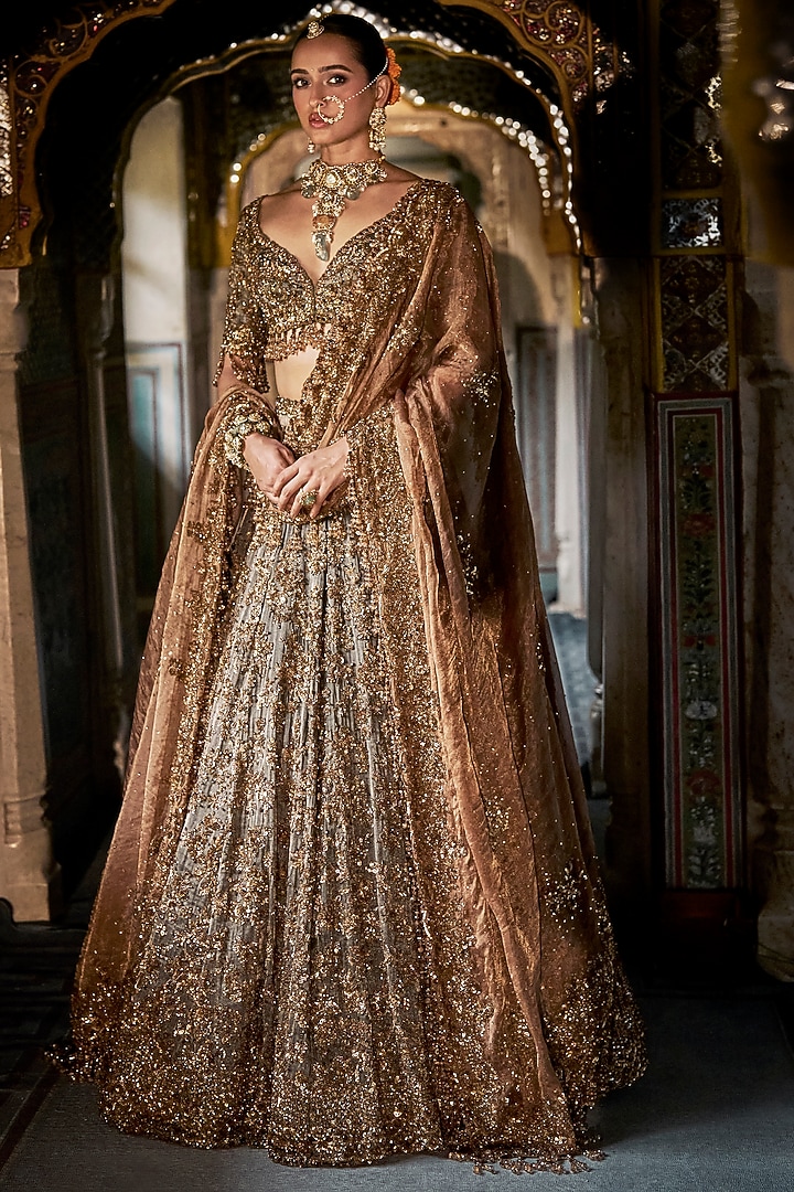 Copper Jade Green Tissue Silk Beads Embroidered Bridal Lehenga Set by Seema Gujral at Pernia's Pop Up Shop