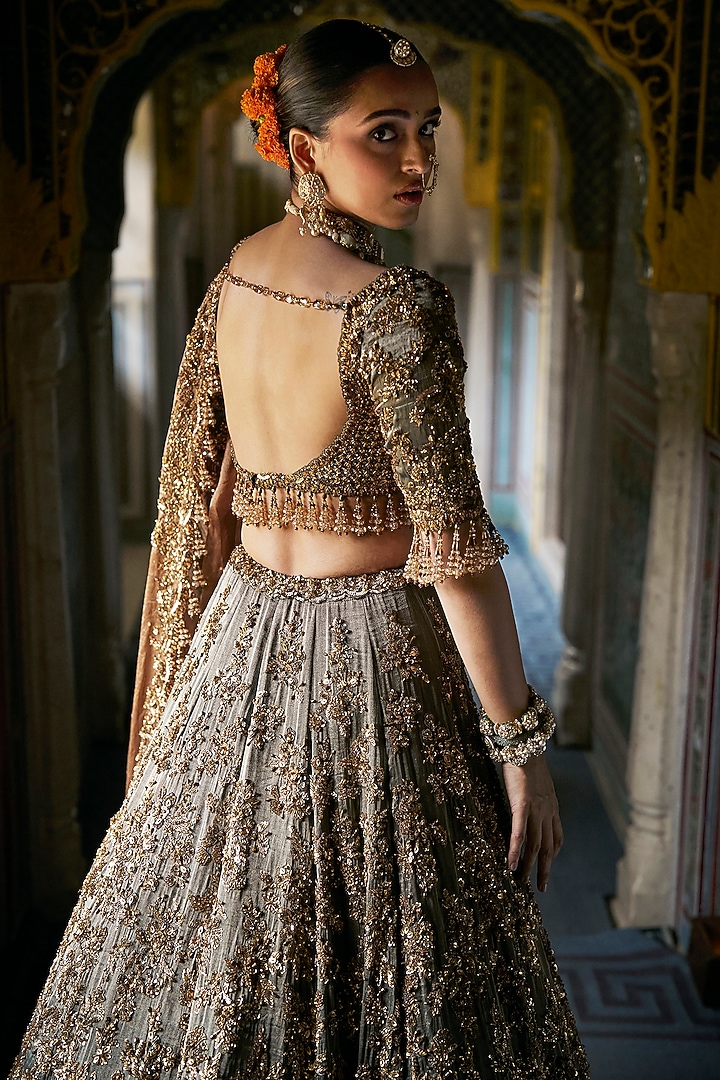 Copper Jade Green Tissue Silk Beads Embroidered Bridal Lehenga Set by Seema Gujral at Pernia's Pop Up Shop