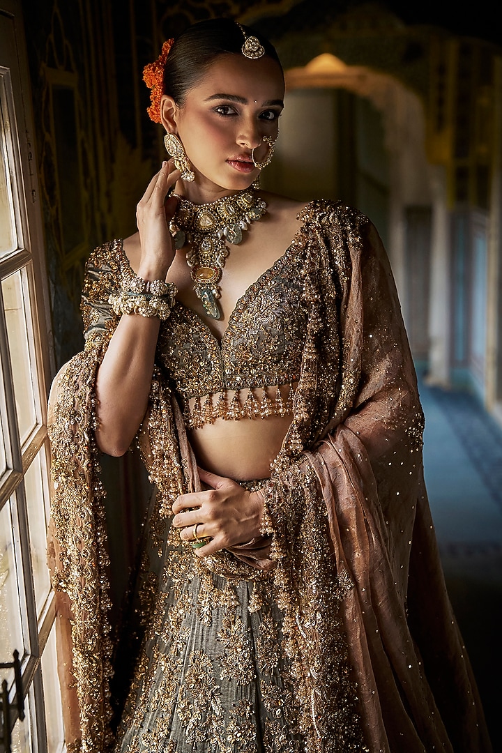 Copper Jade Green Tissue Silk Beads Embroidered Bridal Lehenga Set by Seema Gujral at Pernia's Pop Up Shop